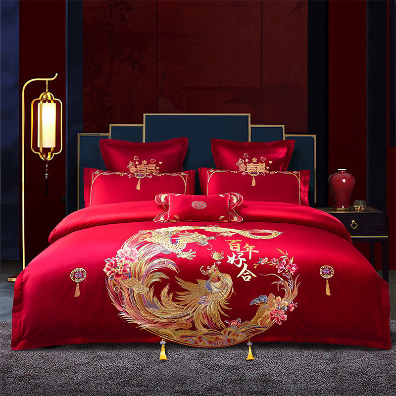 Four-Piece Embroidery Dragon Phoenix Cotton Bedding Set