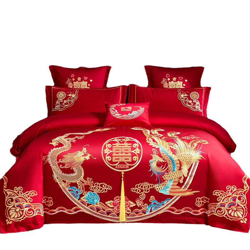 Four-Piece Embroidery Dragon Phoenix Cotton Bedding Set