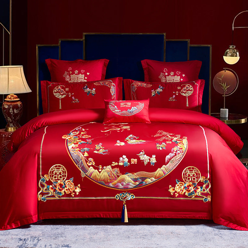 Four-Piece Embroidery Dragon Phoenix Cotton Bedding Set
