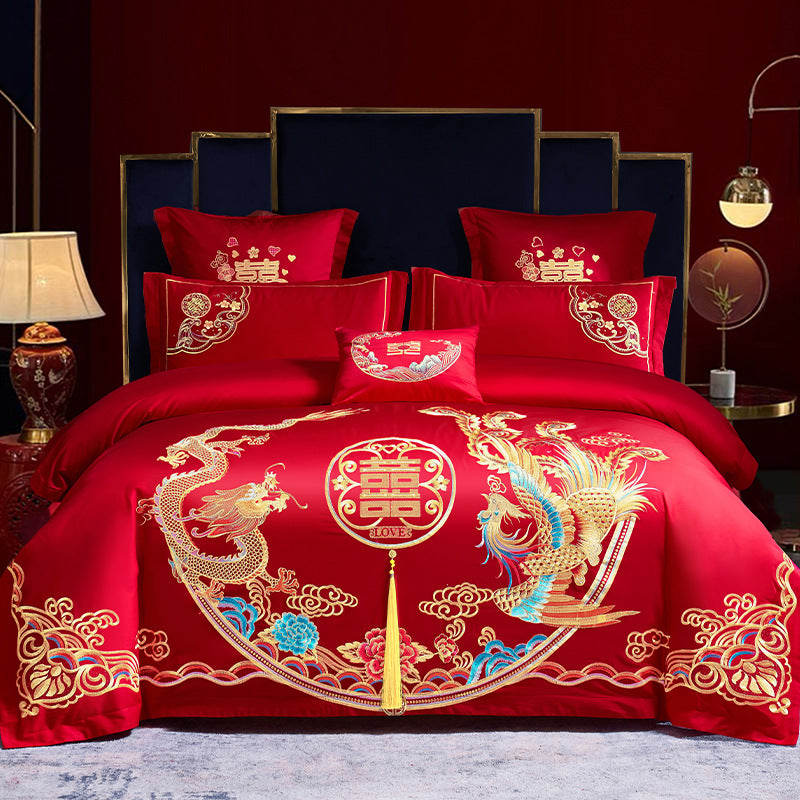 Four-Piece Embroidery Dragon Phoenix Cotton Bedding Set