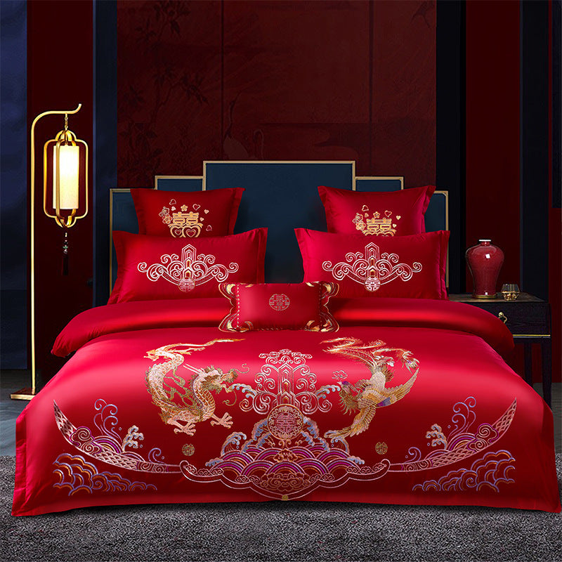 Four-Piece Embroidery Dragon Phoenix Cotton Bedding Set