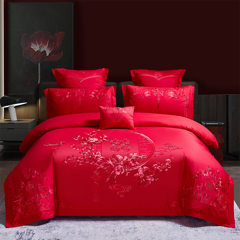Four-Piece Embroidery Dragon Phoenix Cotton Bedding Set