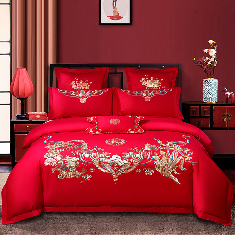 Four-Piece Embroidery Dragon Phoenix Cotton Bedding Set
