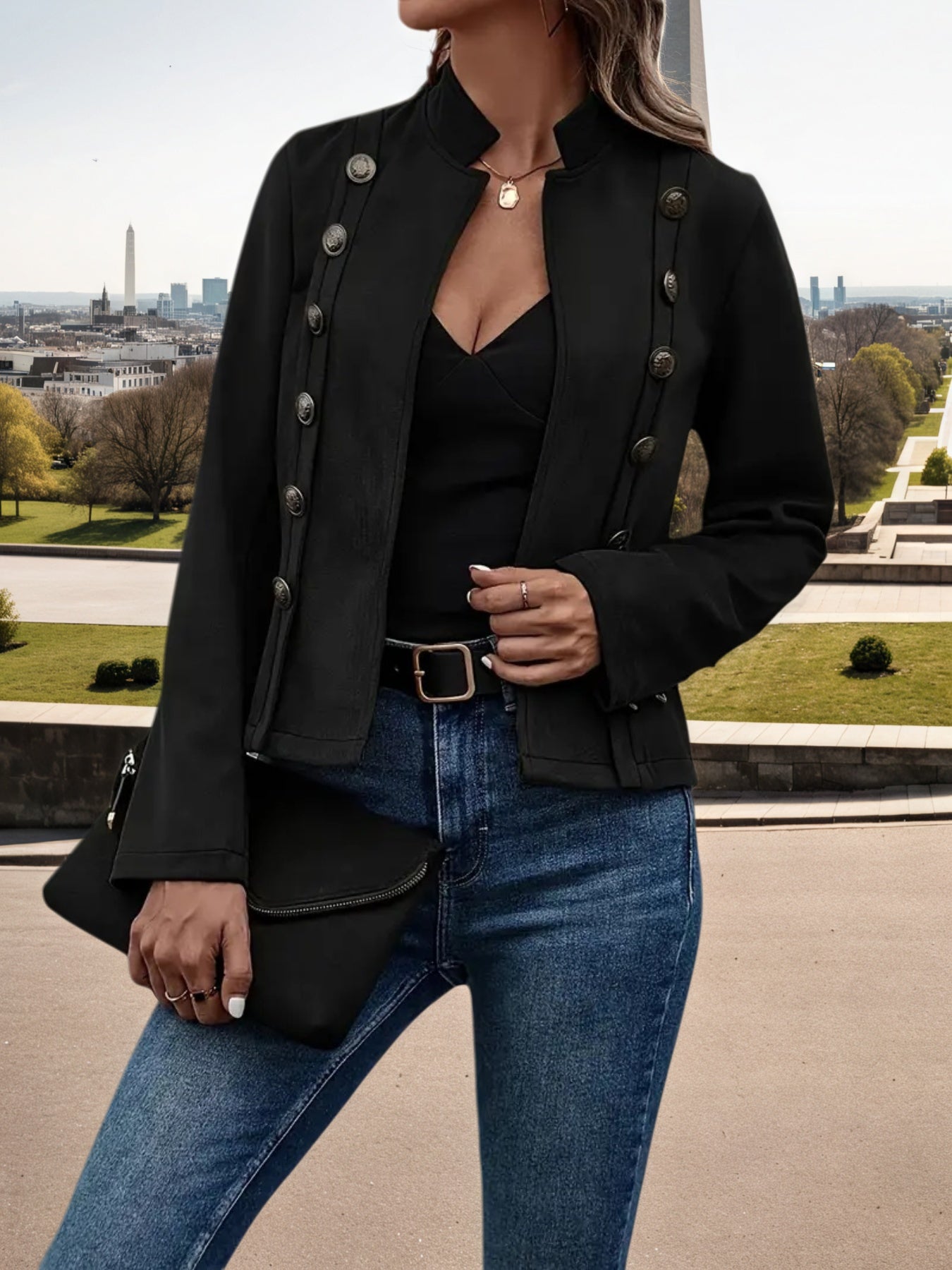 Black Women’s Casual Button Double Breasted Retro Long Sleeve Jacket