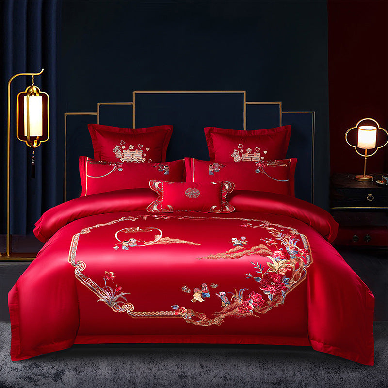 Four-Piece Embroidery Dragon Phoenix Cotton Bedding Set