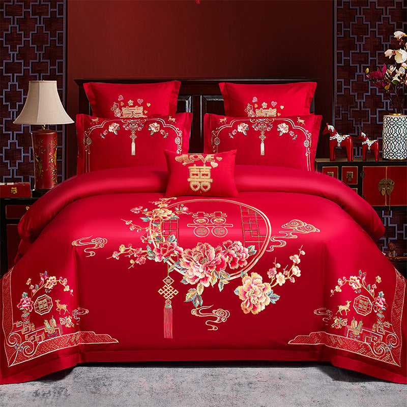 Four-Piece Embroidery Dragon Phoenix Cotton Bedding Set
