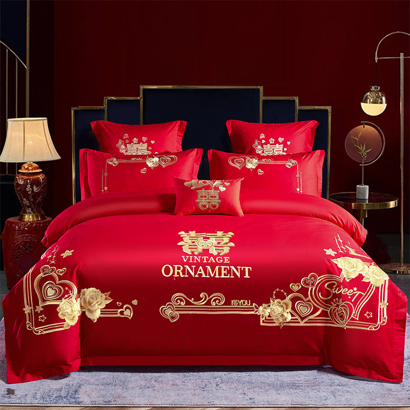 Four-Piece Embroidery Dragon Phoenix Cotton Bedding Set