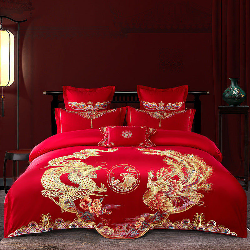 Four-Piece Embroidery Dragon Phoenix Cotton Bedding Set