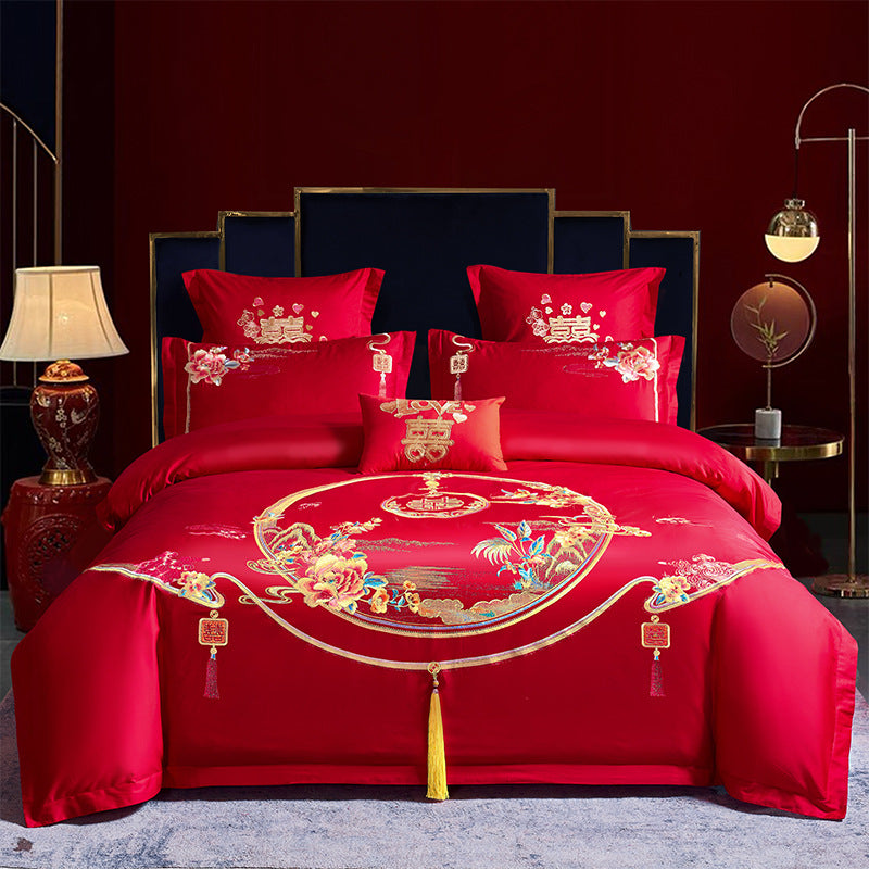 Four-Piece Embroidery Dragon Phoenix Cotton Bedding Set
