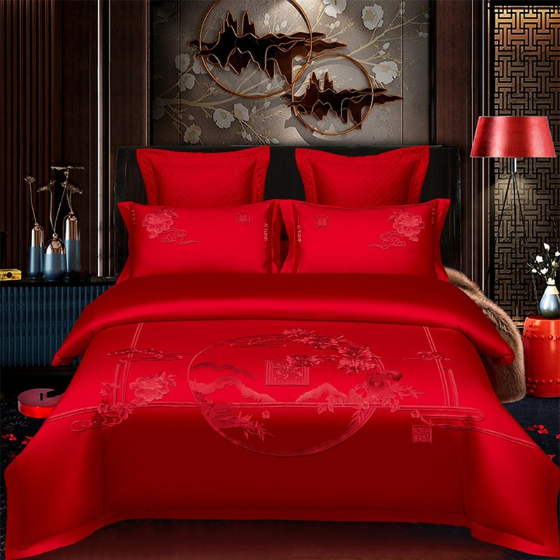 Four-Piece Embroidery Dragon Phoenix Cotton Bedding Set