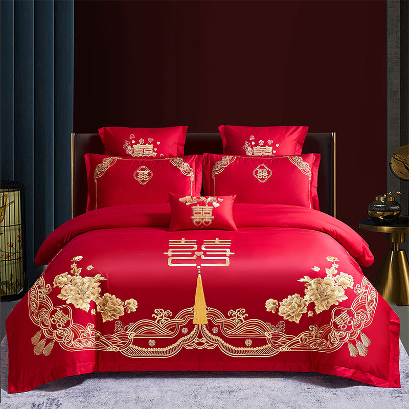 Four-Piece Embroidery Dragon Phoenix Cotton Bedding Set