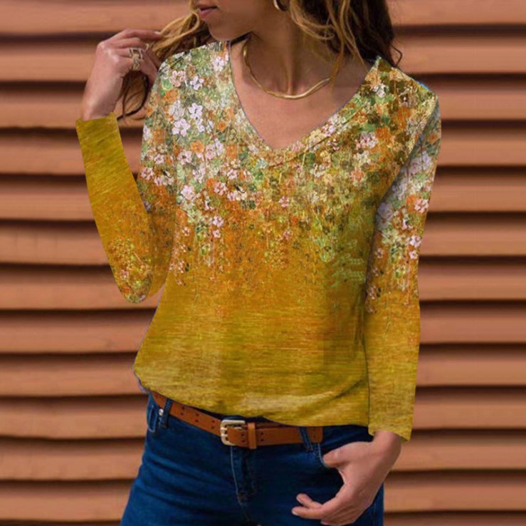 V-Neck Printed Long-Sleeve Womens T-Shirt