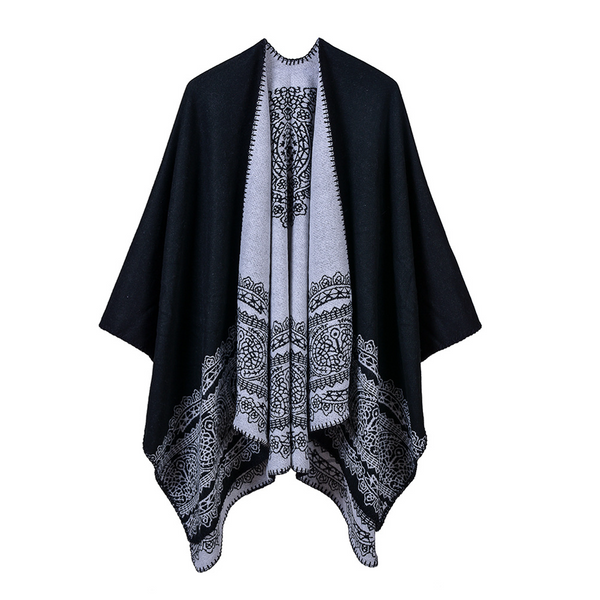 Black Light Gray Lace Pattern Ruana Shawl