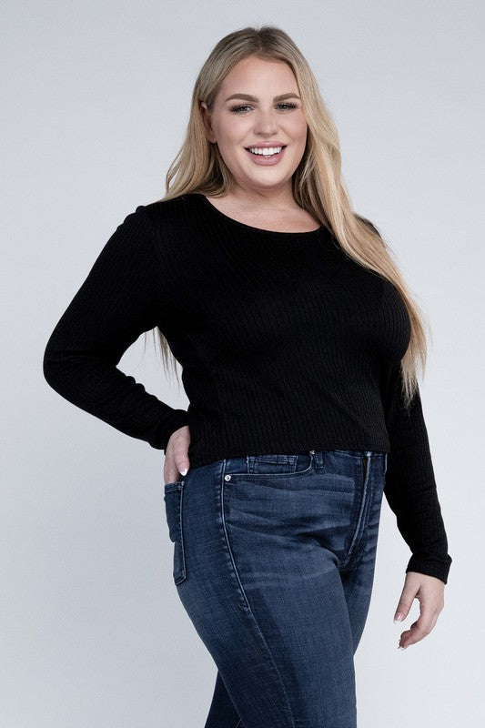 Plus Size Ribbed Round Neck Long Sleeve Shirt