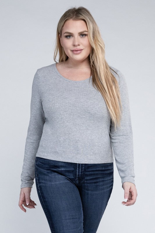 Plus Size Ribbed Round Neck Long Sleeve Shirt