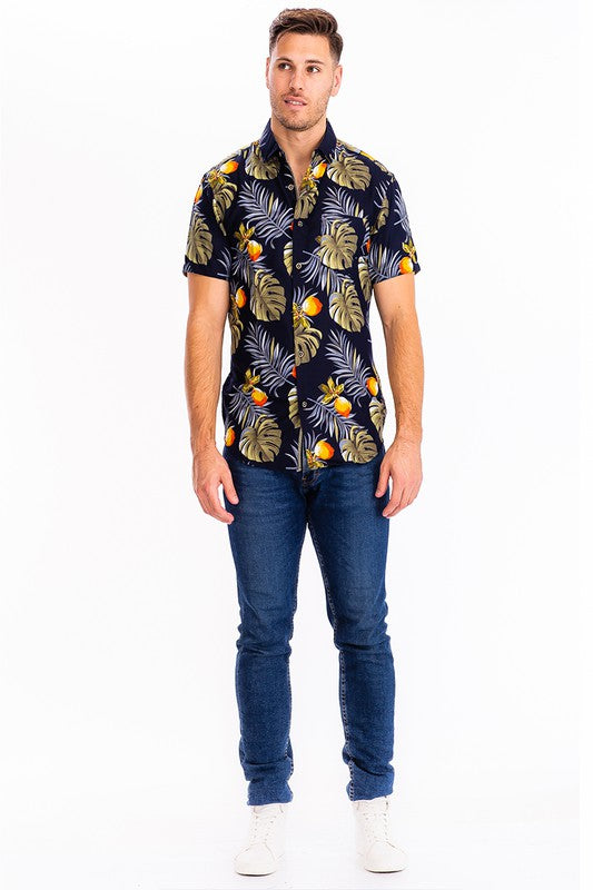 DARK BLUE HAWAIIAN BUTTON DOWN SHIRT