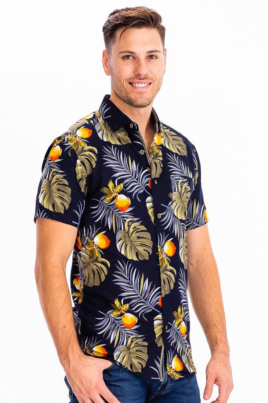 DARK BLUE HAWAIIAN BUTTON DOWN SHIRT