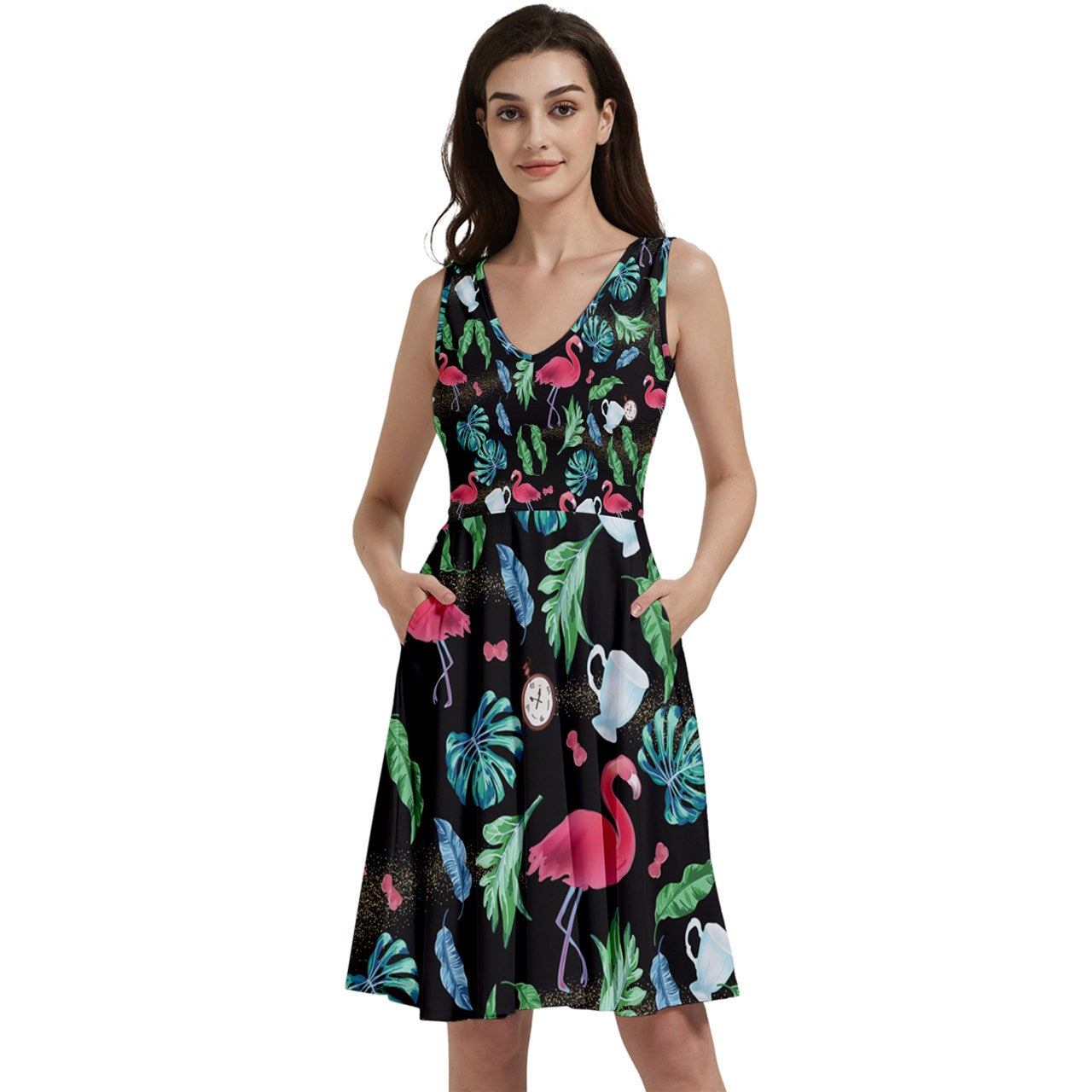 Black Flamingo Floral V-Neck Skater Dress with Pockets