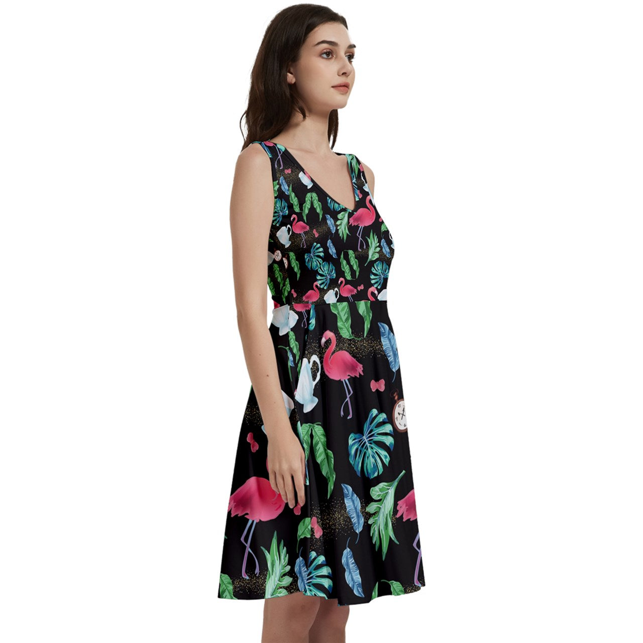 Black Flamingo Floral V-Neck Skater Dress with Pockets