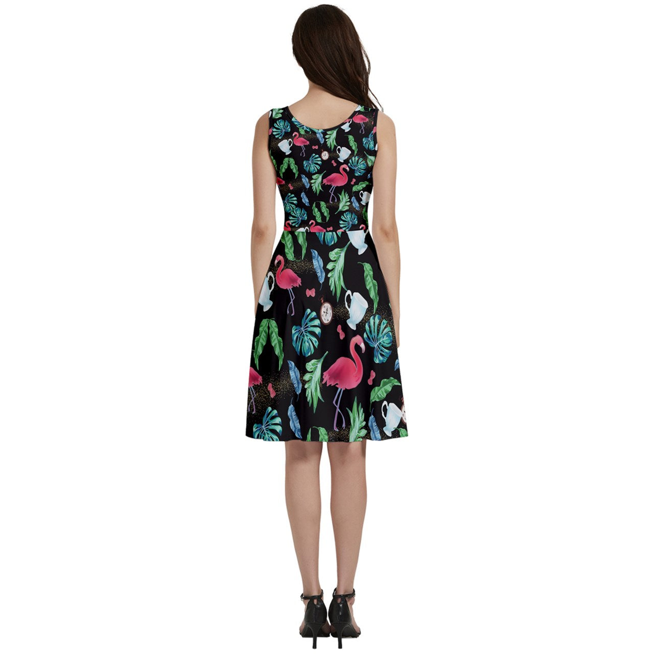 Black Flamingo Floral V-Neck Skater Dress with Pockets