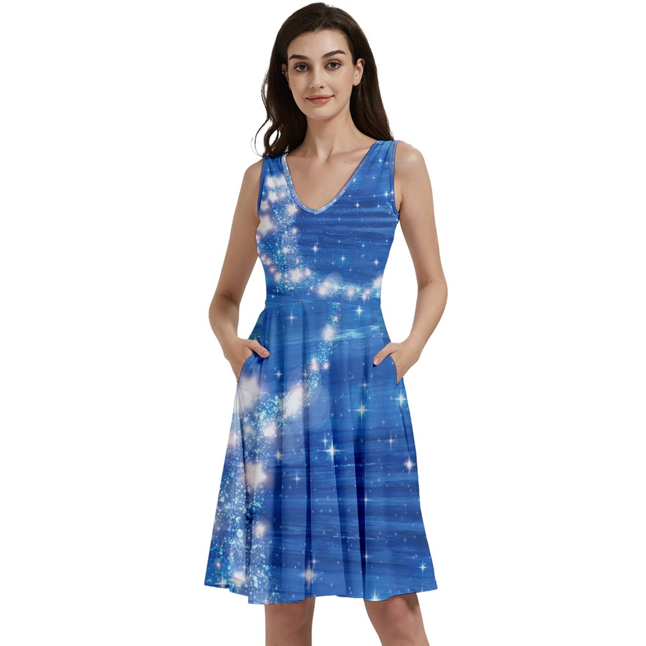 Blue Sparkle Design Sleeveless V-Neck Skater Dress with Pockets