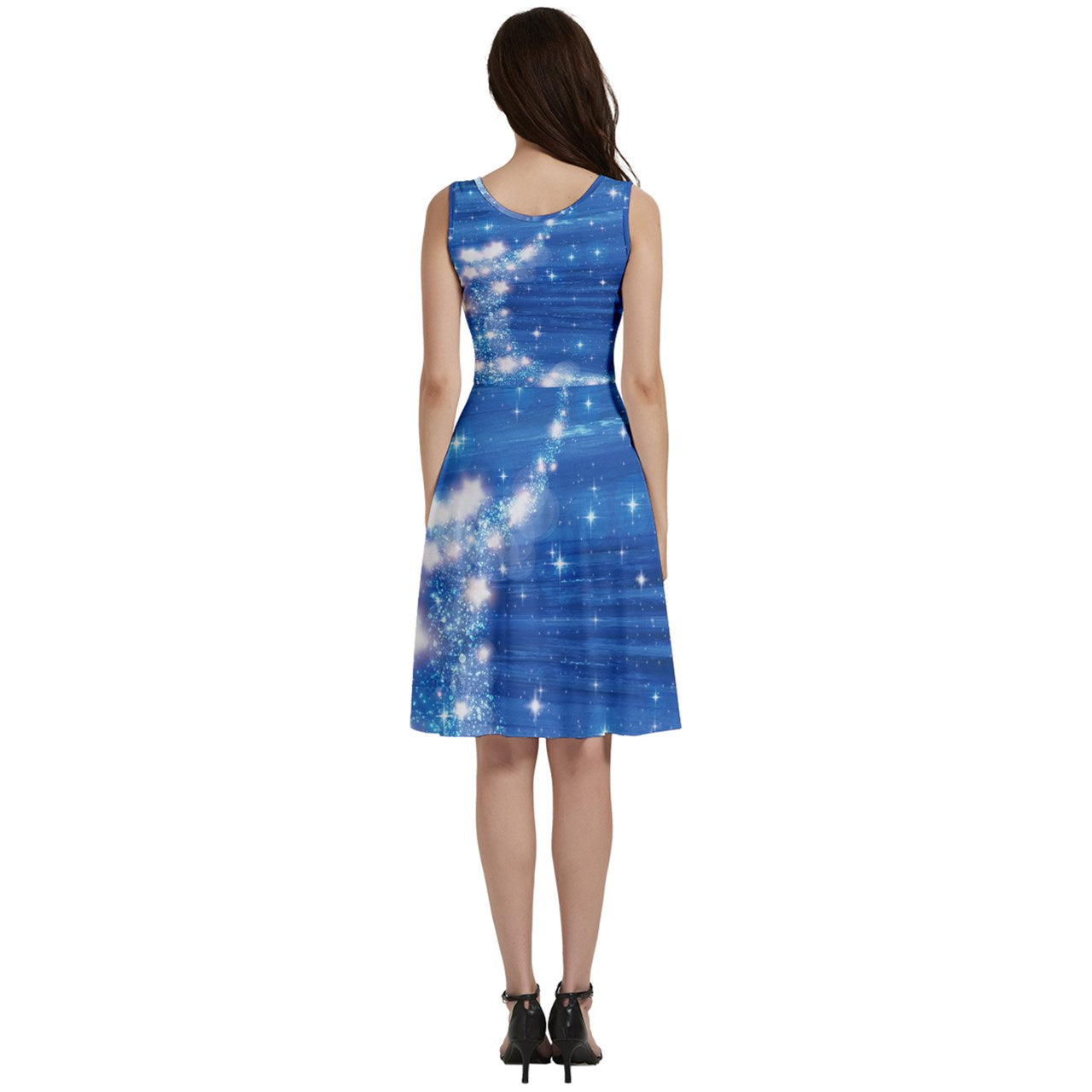 Blue Sparkle Design Sleeveless V-Neck Skater Dress with Pockets