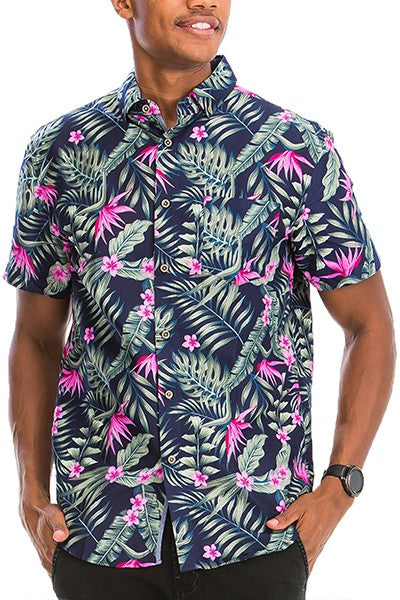 Palm Leaf Hawaiian Print Button Down Shirt