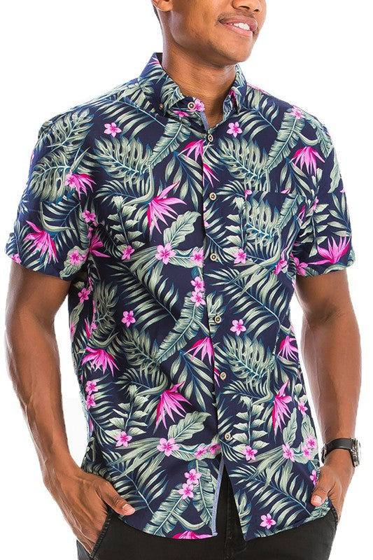 Palm Leaf Hawaiian Print Button Down Shirt