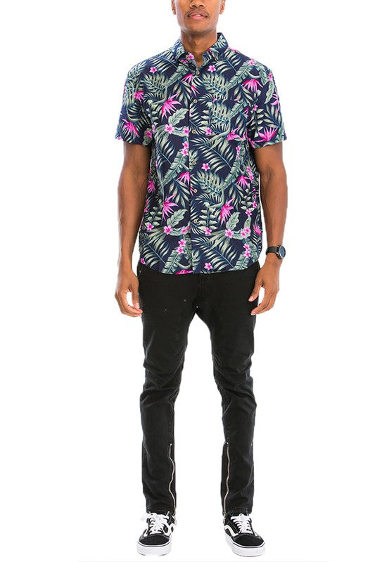 Palm Leaf Hawaiian Print Button Down Shirt