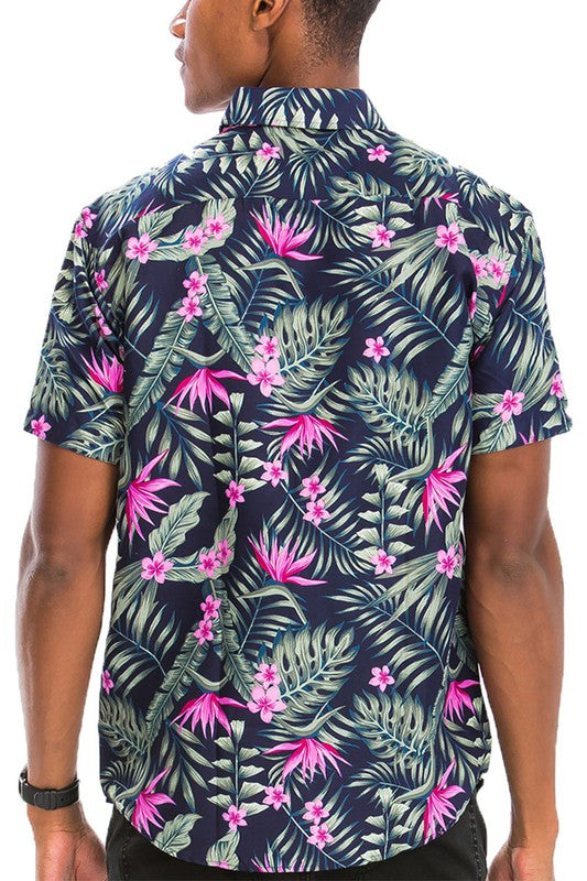 Palm Leaf Hawaiian Print Button Down Shirt