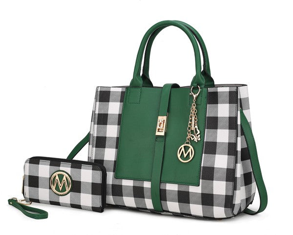 Checkered Satchel Bag and Wallet Set