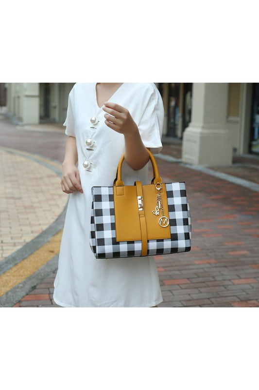 Checkered Satchel Bag and Wallet Set