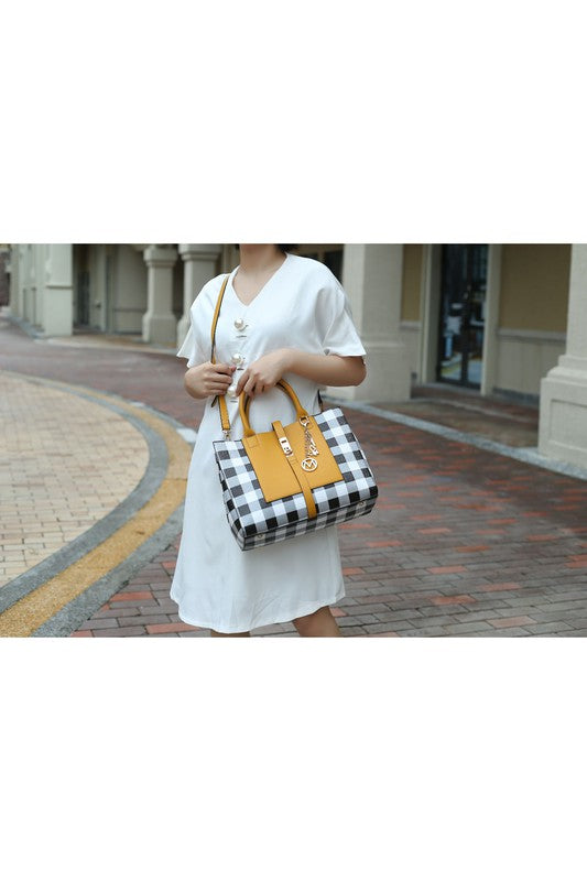 Checkered Satchel Bag and Wallet Set