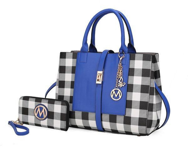 Checkered Satchel Bag and Wallet Set