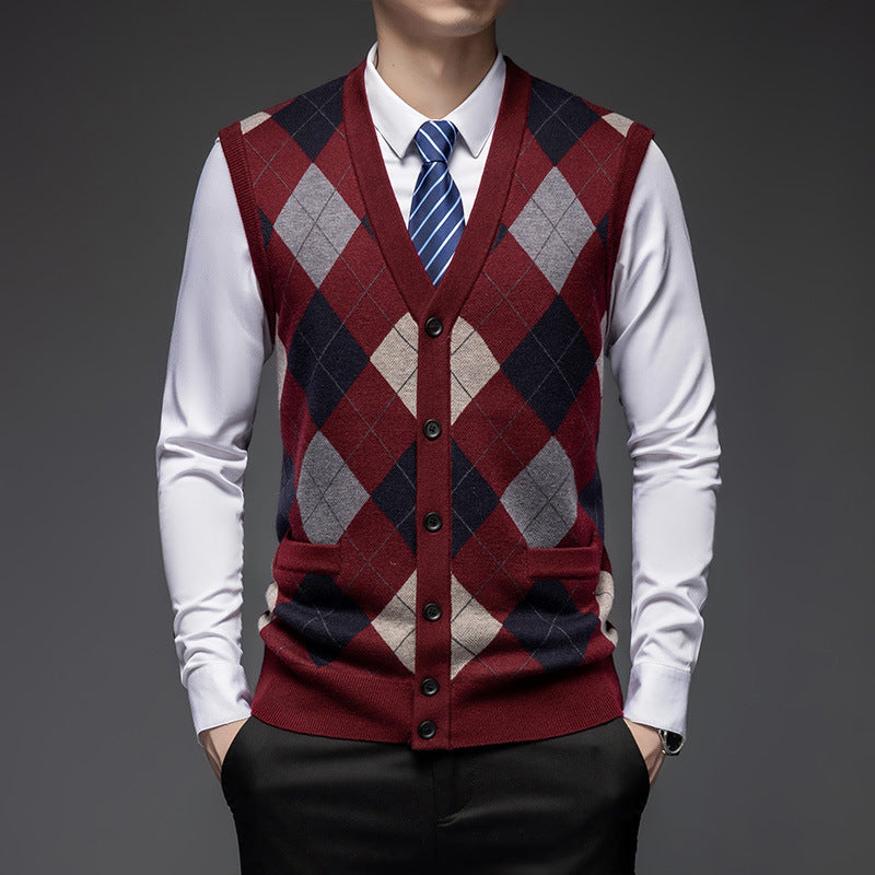Men's Knitted Sleeveless Wool Cardigan V-Neck Vest with Pockets
