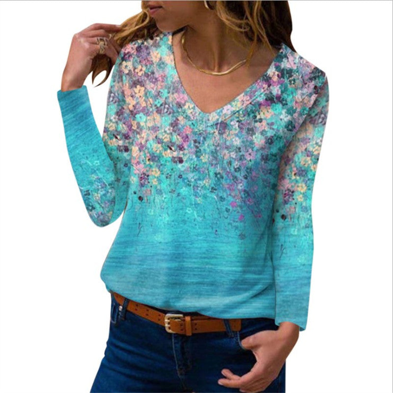 V-Neck Printed Long-Sleeve Womens T-Shirt