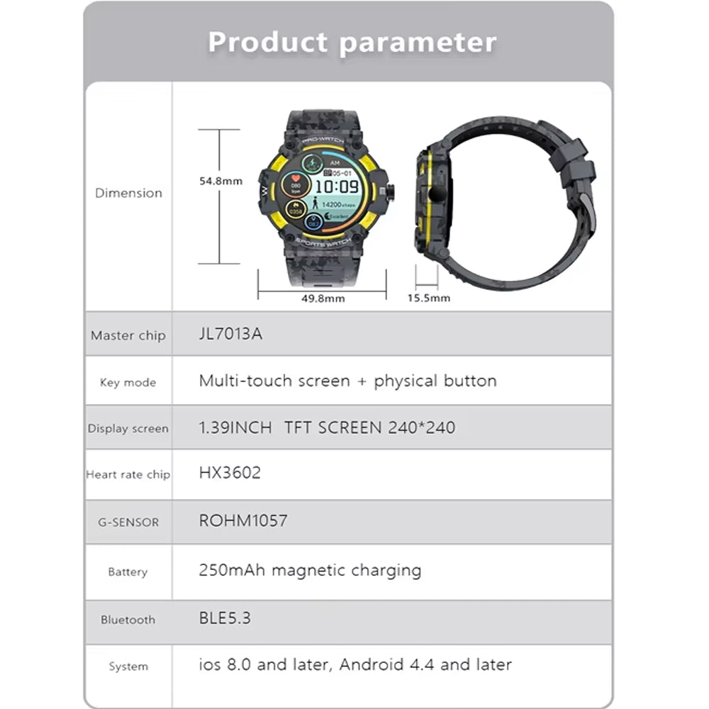 LED Sports Smartwatch With GPS 1.39 Inch TFT Screen IOS Android Bluetooth 5.3