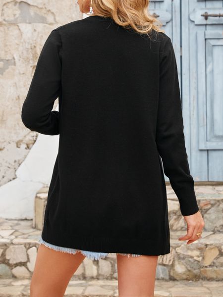 Black Long Sleeve Knit Ribbed Cardigan