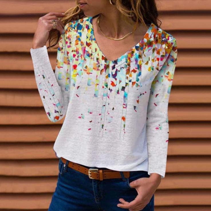 V-Neck Printed Long-Sleeve Womens T-Shirt