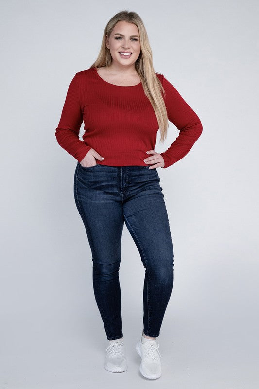 Plus Size Ribbed Round Neck Long Sleeve Shirt