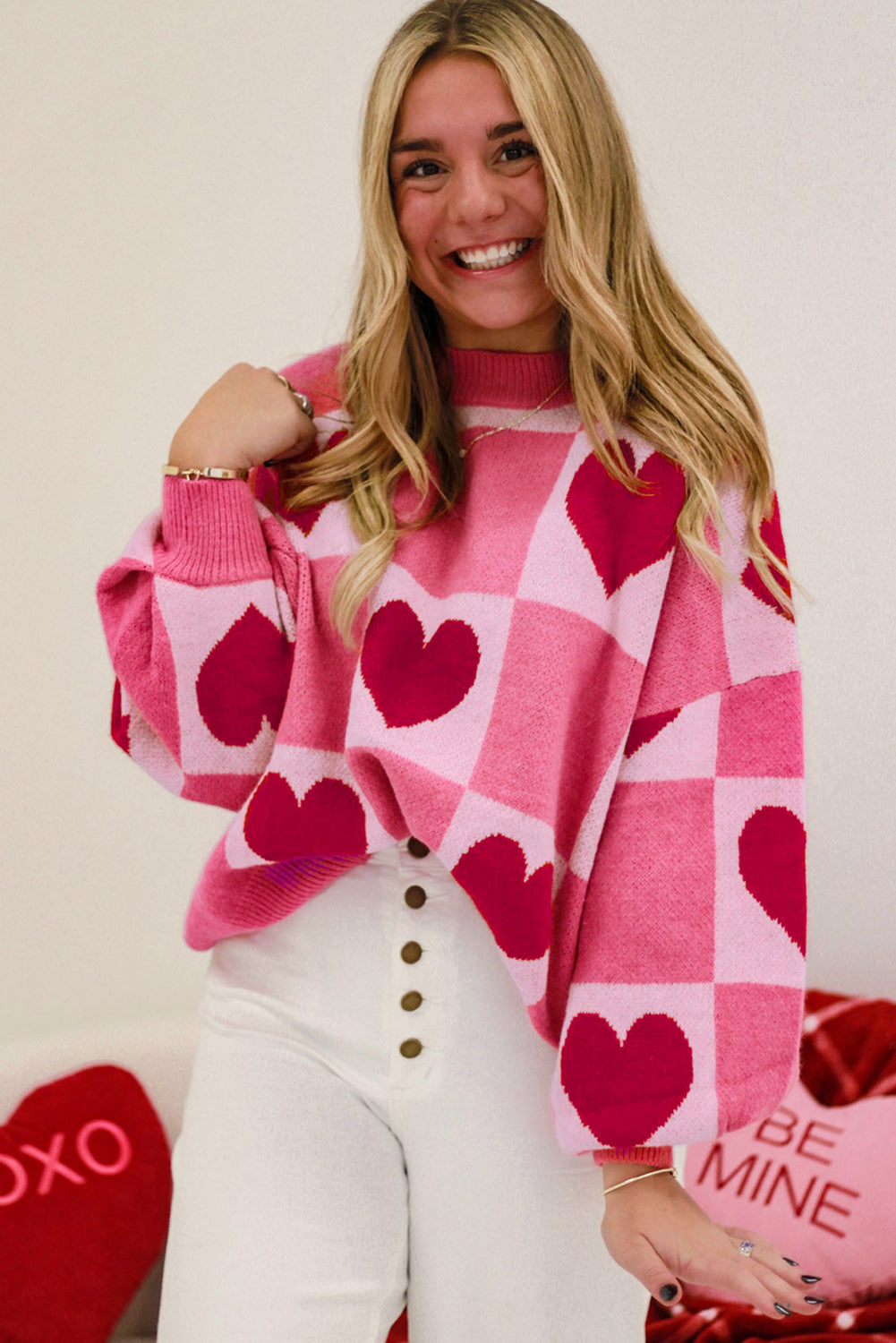 Pink Love Heart Checkered Crew Neck Sweater