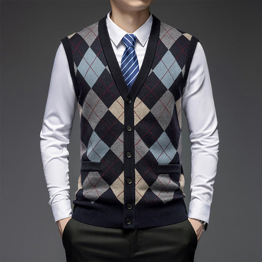 Men's Knitted Sleeveless Wool Cardigan V-Neck Vest with Pockets