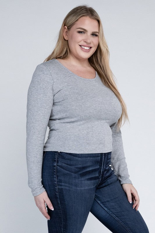 Plus Size Ribbed Round Neck Long Sleeve Shirt