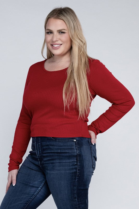 Plus Size Ribbed Round Neck Long Sleeve Shirt