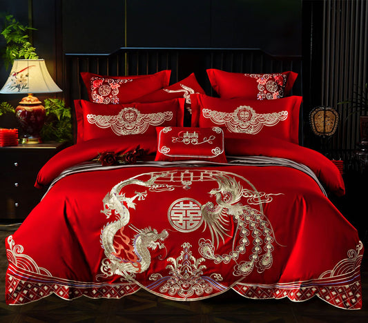 Four-Piece Embroidery Dragon Phoenix Cotton Bedding Set