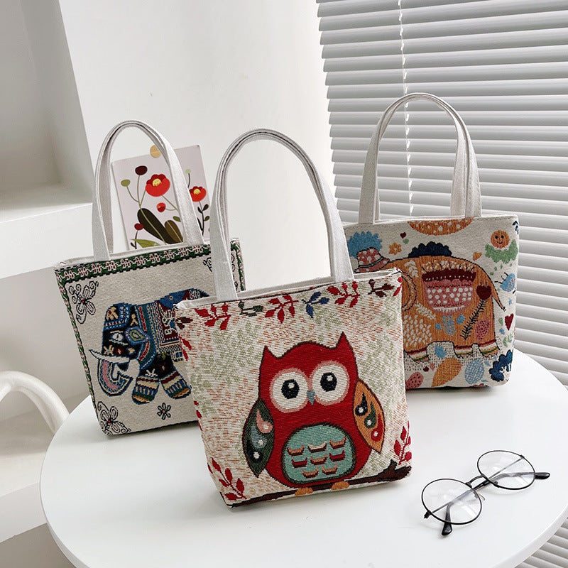 Small Animal Embroidered Canvas Handbag