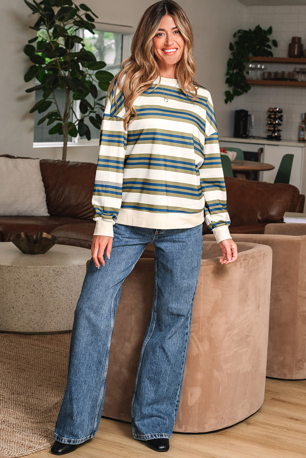 Khaki Stripe Crew Neck Pullover Sweatshirt