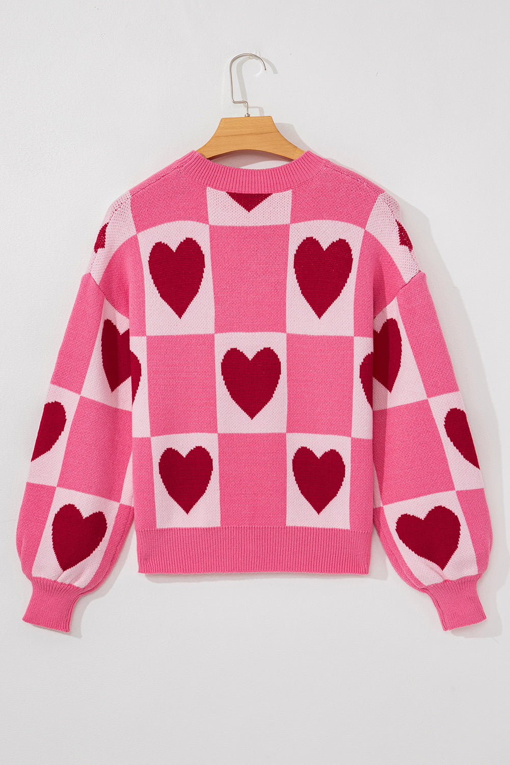 Pink Love Heart Checkered Crew Neck Sweater