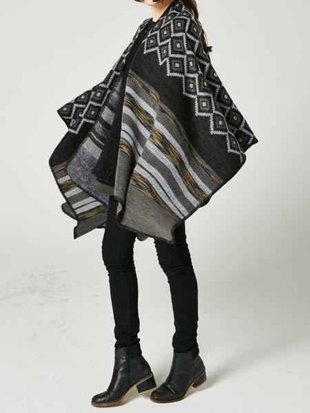 Dark Color Printed Reversible Ruana Shawl