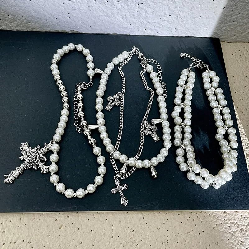 Layered Pearl Gothic Cross Stacked Necklace for Women